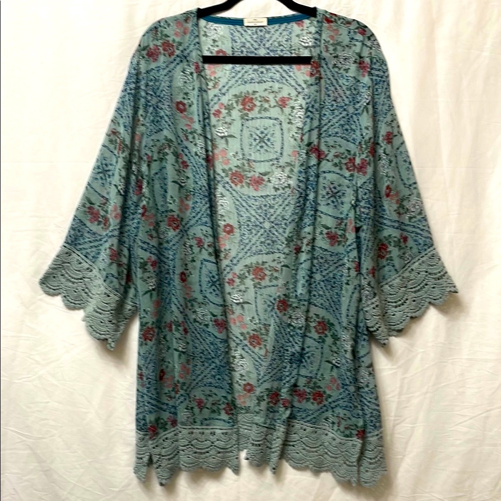 Feminine Maison Belle Floral Lace Chiffon Kimono Cardigan Swimsuit Coverup, XL